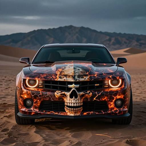Photograph of a black Ford Mustang with fiery skull and lightning decal, front-facing in a desert with mountains under a cloudy sky.