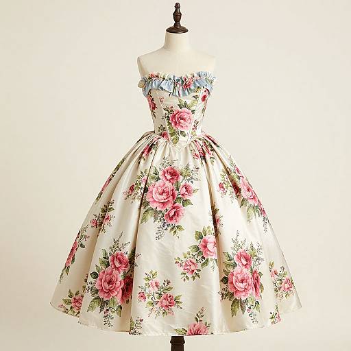 Photograph of a vintage-style, off-shoulder, floral dress with pink roses, blue bows, and a full, flared skirt on a