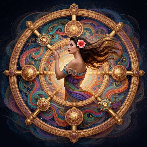 Digital art: Ethereal woman with long brown hair, pink flower, in colorful, off-shoulder dress, centered in golden, circular, orn