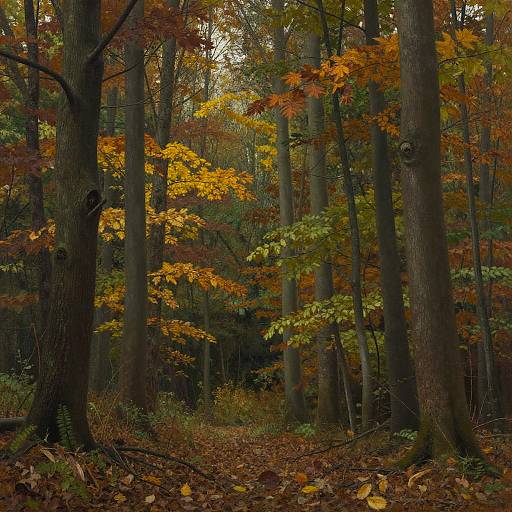 Photograph of a dense autumn forest with tall trees, vibrant yellow, orange, and red leaves, and a brown, leaf-covered forest floor.