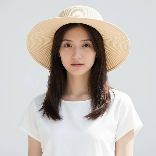 Photograph of an Asian woman with long black hair, wearing a white t-shirt and wide-brimmed straw hat, against a bright white background.