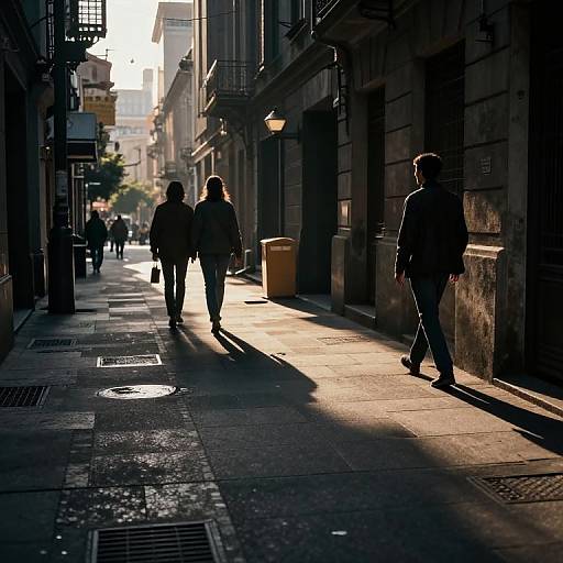 Photograph of a sunlit urban alleyway with three silhouetted figures walking, casting long shadows, surrounded by tall buildings and street lamps.