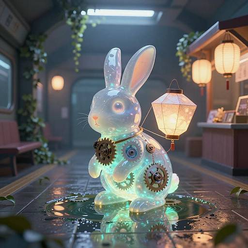 Bioluminescent Clockwork Rabbit in Neon Subway