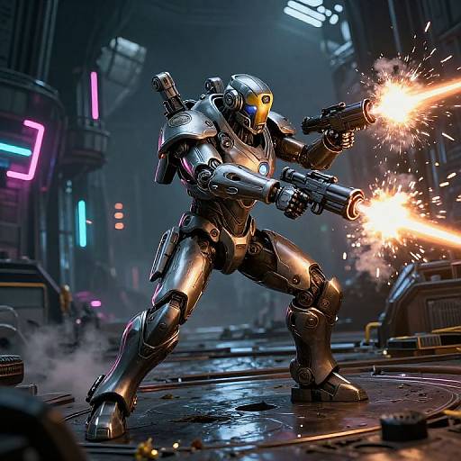 Cybernetic warrior in futuristic city, shooting dual guns with bright explosions. Neon lights, wet street, sci-fi style CGI artwork.