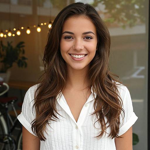 Photograph of a smiling young woman with long, wavy brown hair, wearing a white, short-sleeved, button-up shirt, standing in