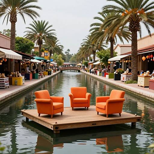 Photograph of a serene canal lined with palm trees, featuring a wooden dock with four vibrant orange armchairs floating on calm water.