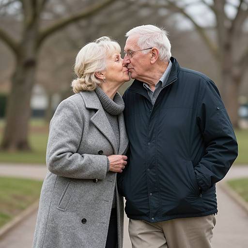 Photograph of an elderly white couple kissing in a park; woman in gray coat, man in black jacket, both with short white hair.