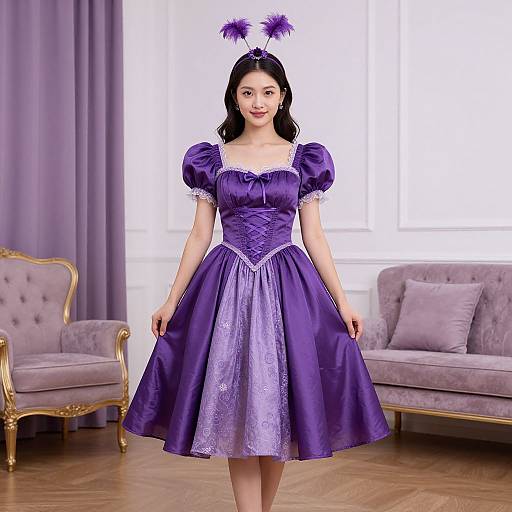 Photograph of an Asian woman in a purple, puffed-sleeve, Victorian-style dress with a lavender skirt, wearing a purple headpiece with