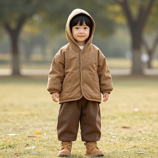 Photograph of an Asian toddler with black hair, wearing a brown hooded jacket, brown pants, and tan boots, standing on grass in a park