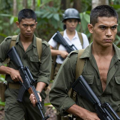 Three Soldiers Navigating the Jungle