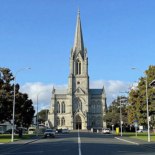 Photograph of a Gothic-style stone church with a tall spire, centered on a quiet street, surrounded by trees and lampposts under a