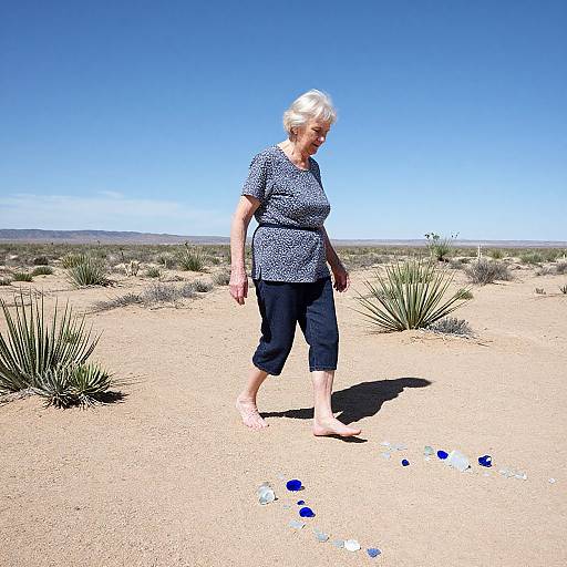 Photograph of elderly woman with short white hair, wearing blue polka dot shirt and black capri pants, walking barefoot in desert with scattered blue