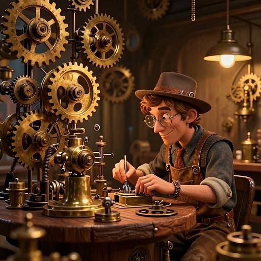 Steampunk boy in glasses and hat, tinkering with intricate brass clockwork gears in a dimly lit workshop. Warm, golden lighting. Digital