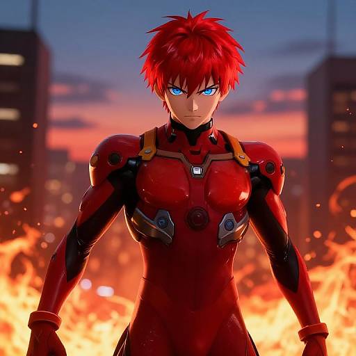 Digital anime-style artwork of a red-haired, blue-eyed male in a red, armored suit standing amidst a fiery cityscape at sunset.