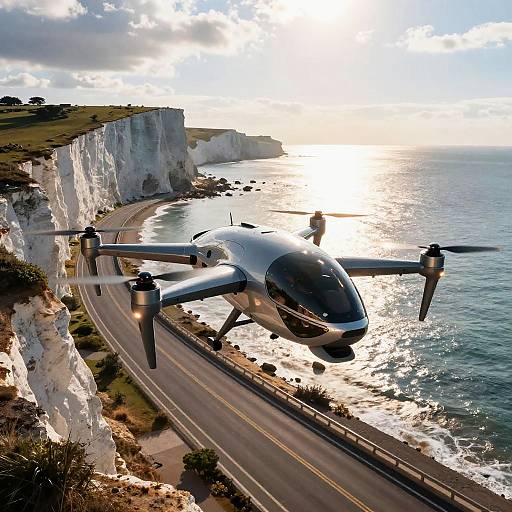 Futuristic Drone Over Coastal Highway