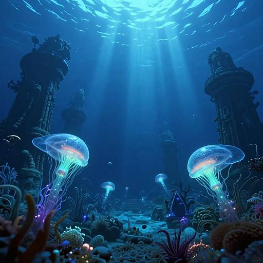 Photograph of an underwater scene with glowing blue jellyfish, ruins, and vibrant coral, illuminated by sun rays filtering through the water.