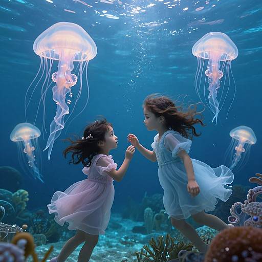 Photograph of two young girls in flowing dresses, underwater surrounded by glowing jellyfish, floating towards each other in a vibrant ocean.