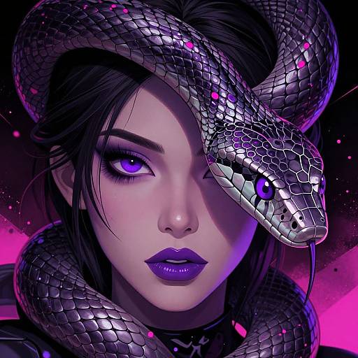 Digital art of a woman with purple eyes and dark hair, a silver snake with purple accents coiled around her head, against a black and pink neon