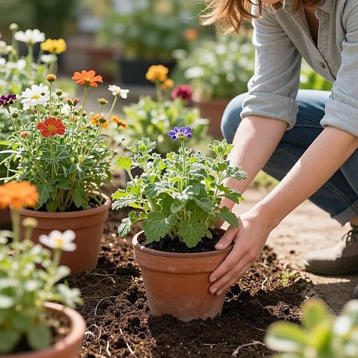 Photograph of a person with light brown hair, wearing a grey shirt and blue jeans, tending to potted flowers with vibrant orange, yellow,