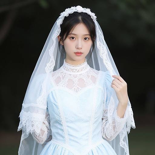 Photograph of an Asian bride with fair skin, black hair, and delicate features, wearing a white lace wedding dress and veil, standing against a dark