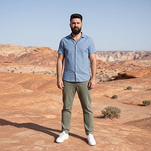 Photograph of a bearded man with short black hair, wearing a blue button-up shirt, olive pants, and white sneakers, standing in a sunny