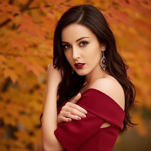 Photograph of a beautiful woman with long black hair, red lipstick, and maroon off-shoulder dress, wearing elegant earrings, against a vibrant
