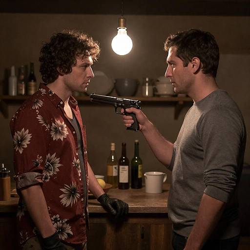 Tense confrontation in rustic kitchen