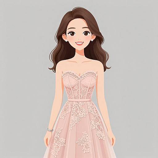 Digital illustration of a smiling woman with long brown hair, wearing a strapless, pink lace wedding dress, against a light blue background.