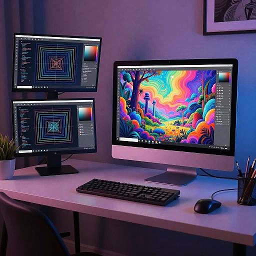 Photograph of a modern desk with dual monitors; top screen displays abstract black and blue patterns, bottom screen shows vibrant, colorful abstract art; keyboard,