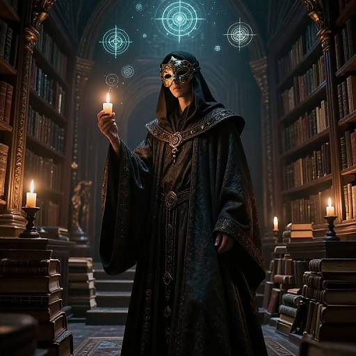 Mysterious woman in dark, ornate robe and masked headpiece holds candle, surrounded by illuminated bookshelves and mystical blue circles in dimly lit