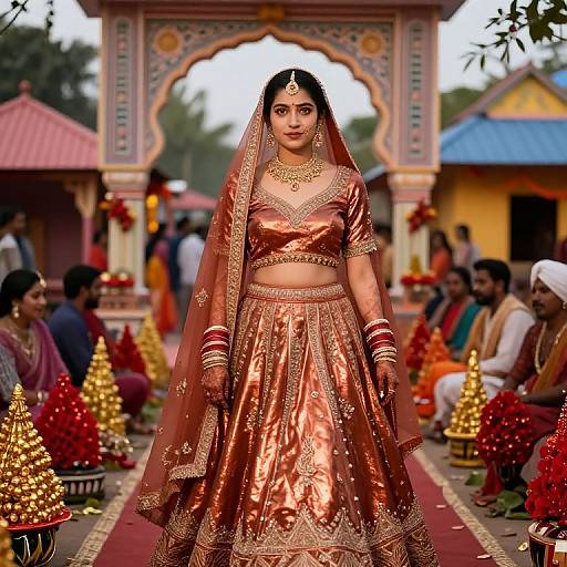 Photograph of a beautiful South Asian bride in a shimmering orange lehenga, veil, and jewelry, walking down a colorful, decorated aisle.
