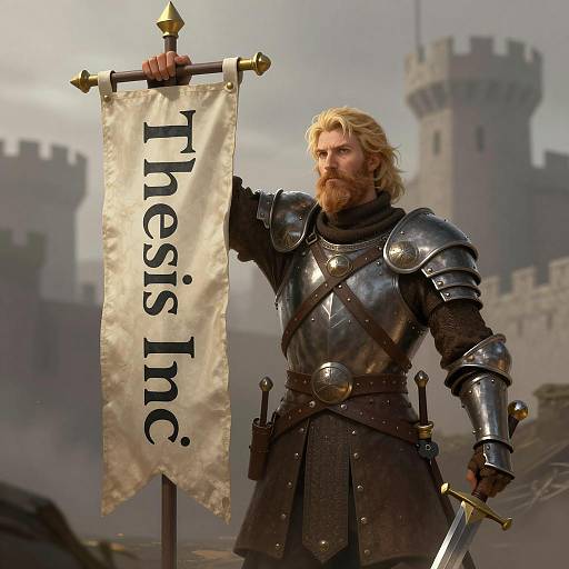 Heroic Bearded Man with Thesis Inc. Banner