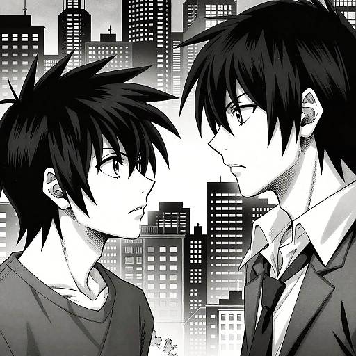 Black-and-white anime-style drawing of two spiky-haired young men facing each other in a cityscape background with tall buildings.