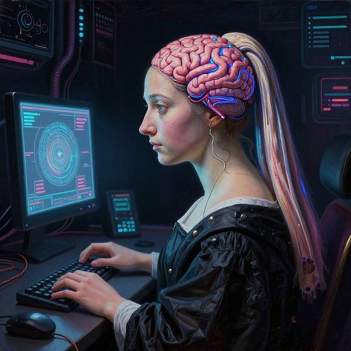 Digital art of a woman with a cybernetic brain, pink and blue, typing in a dark, futuristic control room with neon screens.