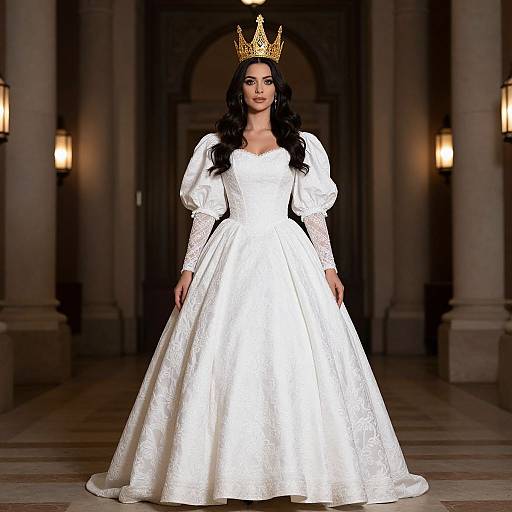 Photograph of a dark-haired woman in a white, lace-embellished ball gown with puffed sleeves, wearing a golden crown, standing in