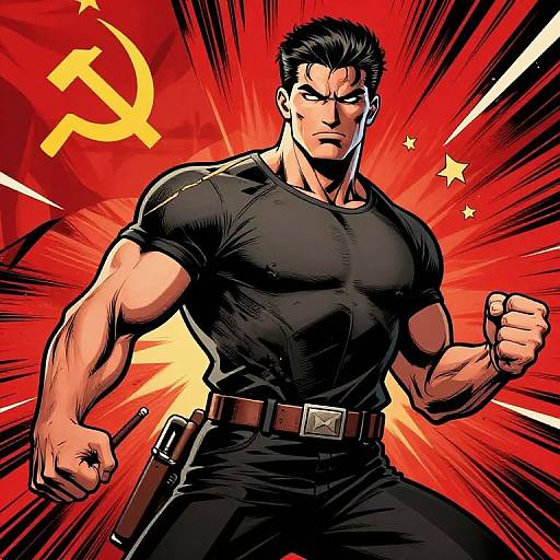 Muscular man in black shirt and pants, with pistol, fists clenched, against red background with hammer and sickle, stars, and dynamic lines