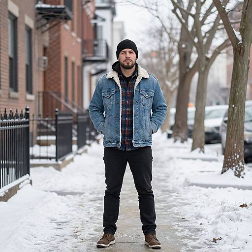 Photograph of a bearded man in a blue denim jacket, black beanie, plaid shirt, black pants, and brown boots standing on a