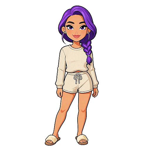 Digital anime-style drawing of a cute, light-skinned girl with purple hair in a braid, wearing a white long-sleeve top and shorts