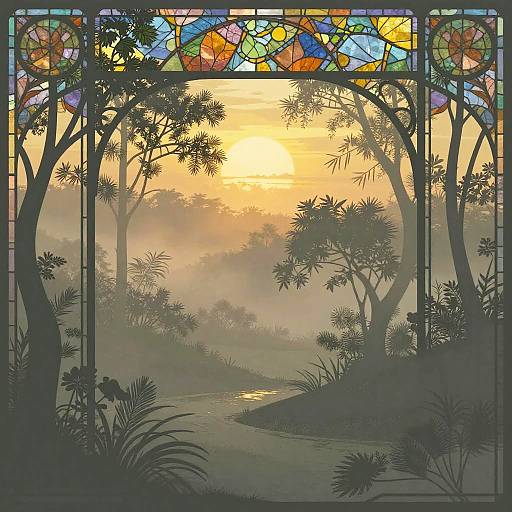 Stained glass artwork of a misty, sunlit forest with colorful top border, silhouetted trees, and a winding path.