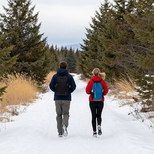 Photograph of a man and woman walking down a snowy, tree-lined path. The man wears a blue backpack and gray pants, while the woman wears