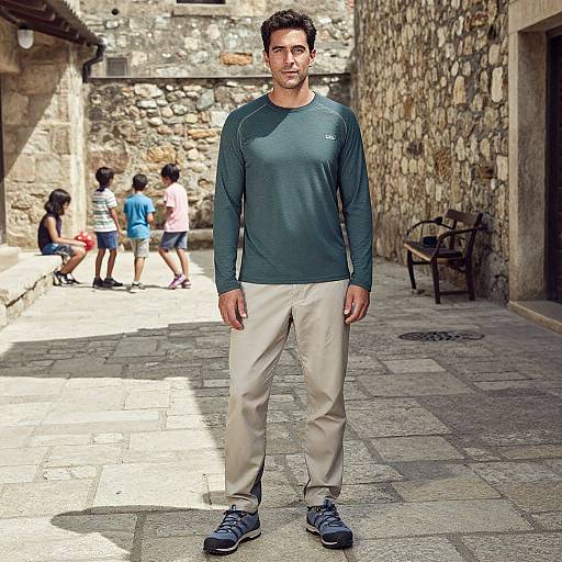 Photograph of a fit, dark-haired man in a teal long-sleeve shirt and beige pants standing on a sunlit stone alleyway, with