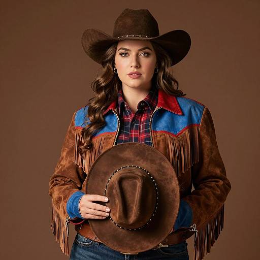 Confident Woman in Western Attire Holding Cowboy Hat