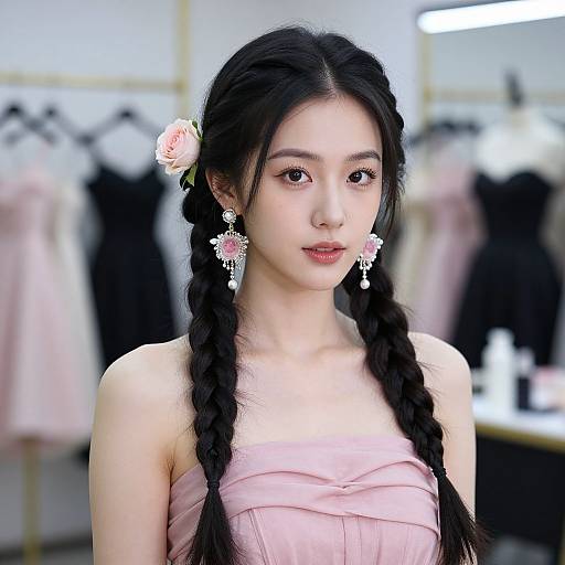 Photograph of an Asian woman with black braided hair, pink flower hairpin, pink dress, and intricate earrings, standing in a bright, blurred
