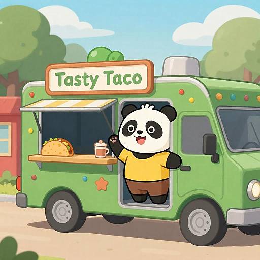 Cheerful Panda in a Tasty Tacos Truck
