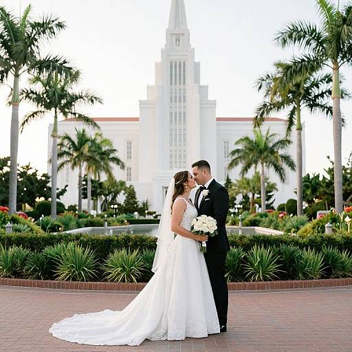 Photograph of a bride in a white lace gown and groom in a black tuxedo, kissing in a lush garden with palm trees and a white