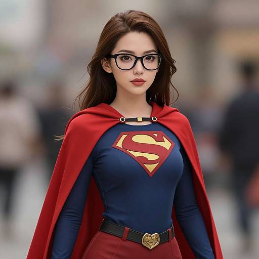 Digital art of a fair-skinned, brown-haired woman with glasses, wearing a red cape, blue Supergirl suit, and red pants, standing