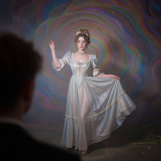 Photograph of a fair-skinned woman in a flowing, light blue, Victorian-style dress with lace, standing against a swirling, multicolored background