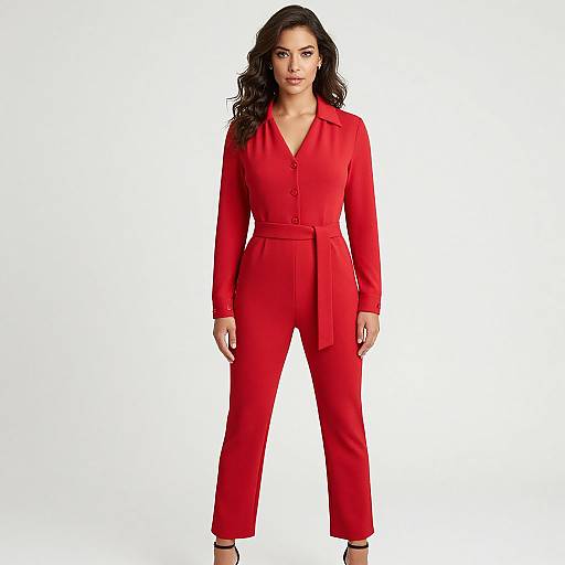 Photograph of a confident woman with long black hair, wearing a bright red, long-sleeved, button-up jumpsuit with a belt, standing