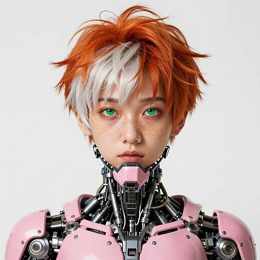 CGI portrait of a young, green-eyed, red-and-white-haired cybernetic human with a pink and black robotic neck and shoulders.