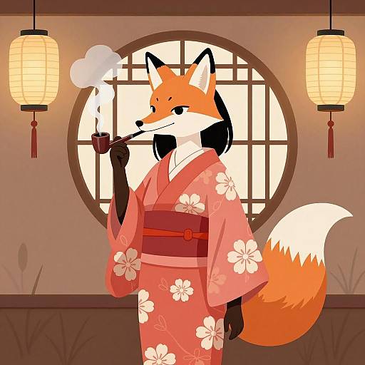 Charming Fox Woman in Vibrant Kimono